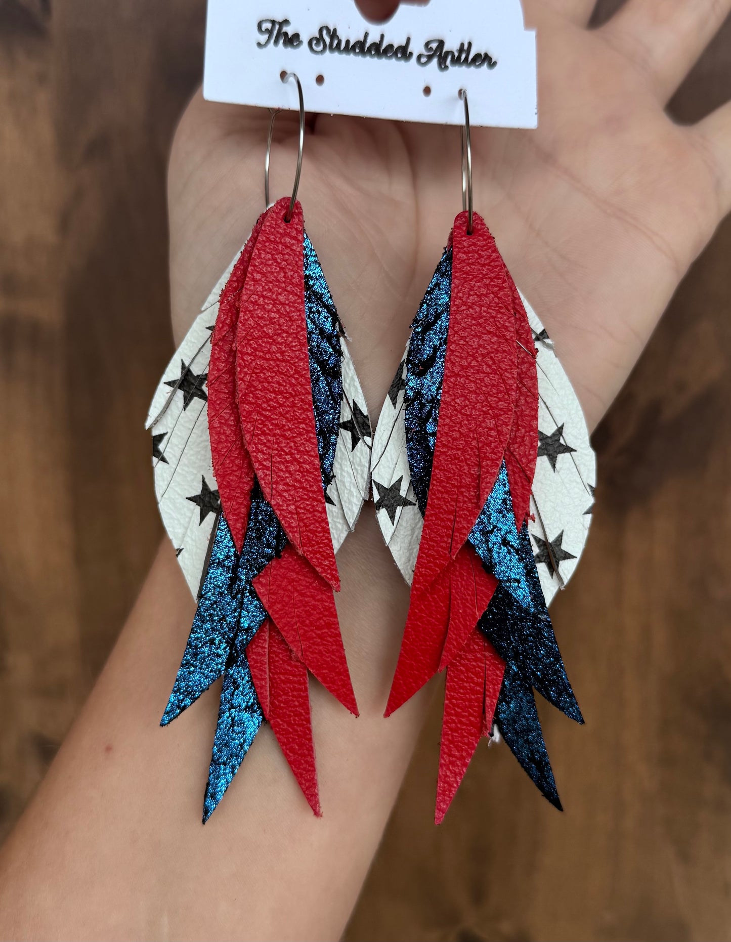 White Star, Navy Blue and Red Leather Handmade Hypoallergenic Leather Earrings 4th of July