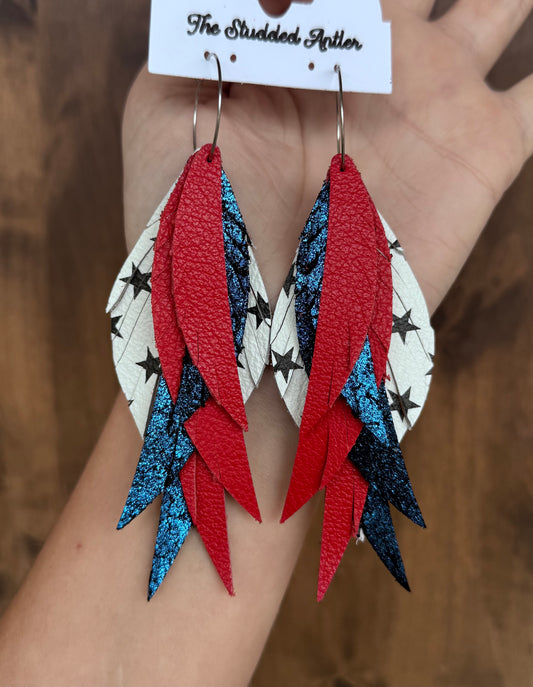 White Star, Navy Blue and Red Leather Handmade Hypoallergenic Leather Earrings 4th of July