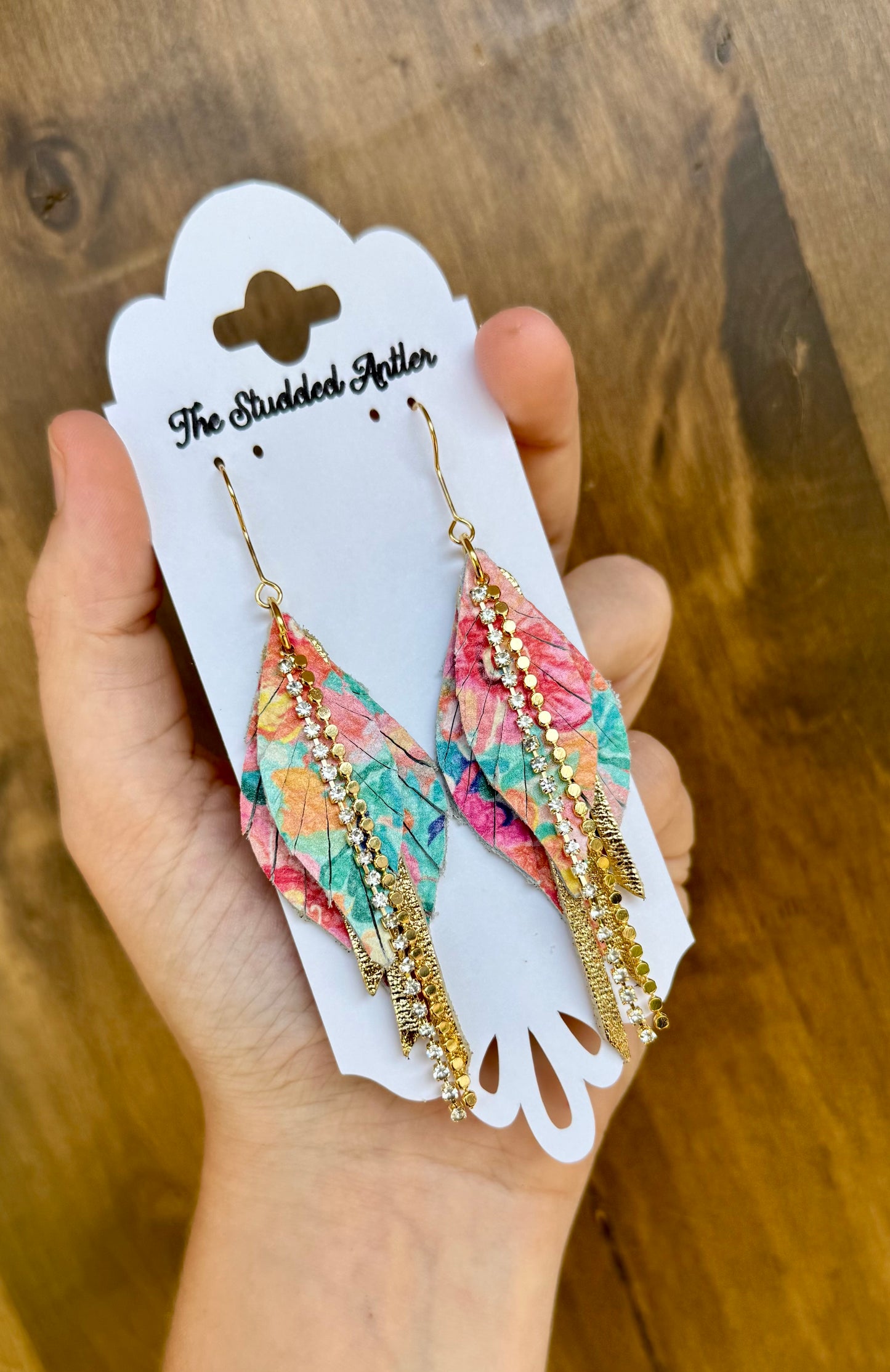 Rainbow flower leather earrings with gold rhinestone and chain - Handmade Hypoallergenic Leather Earrings - Mini teardrop