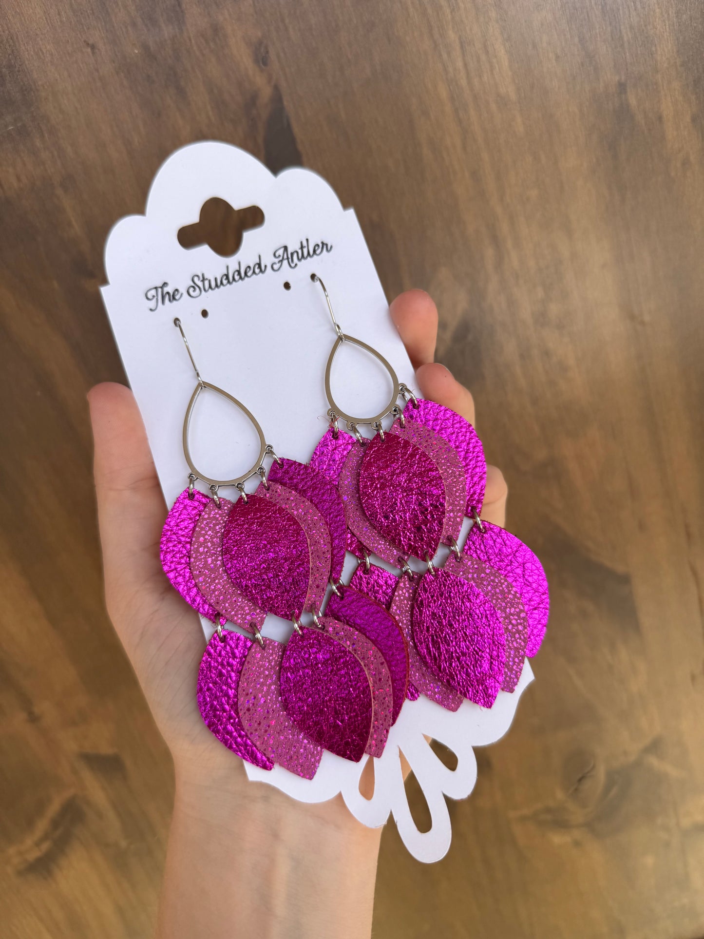 Teardrop Hoop Genuine Leather Earrings - Hot Pink Metallic