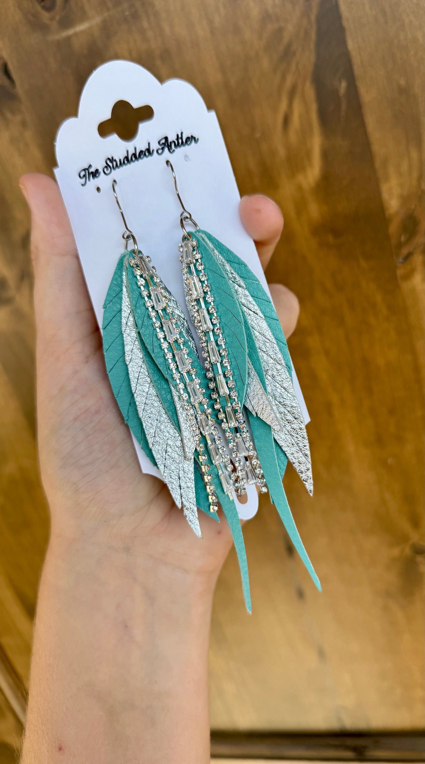 Aqua blue and Silver Handmade Hypoallergenic Leather feather Earrings