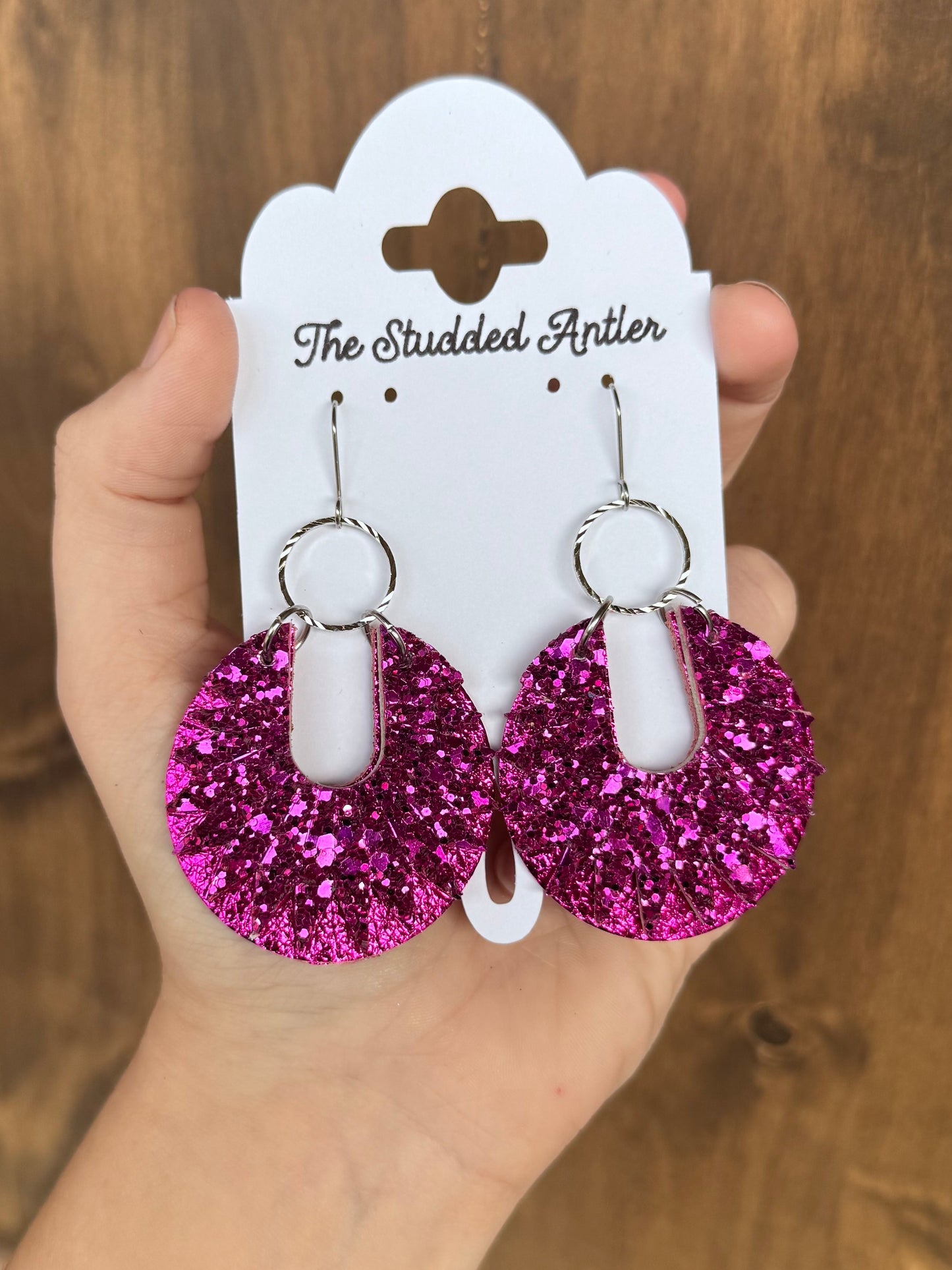 Hot Pink Glitter Handmade Hypoallergenic Round Leather Earrings with Silver Circle Accents