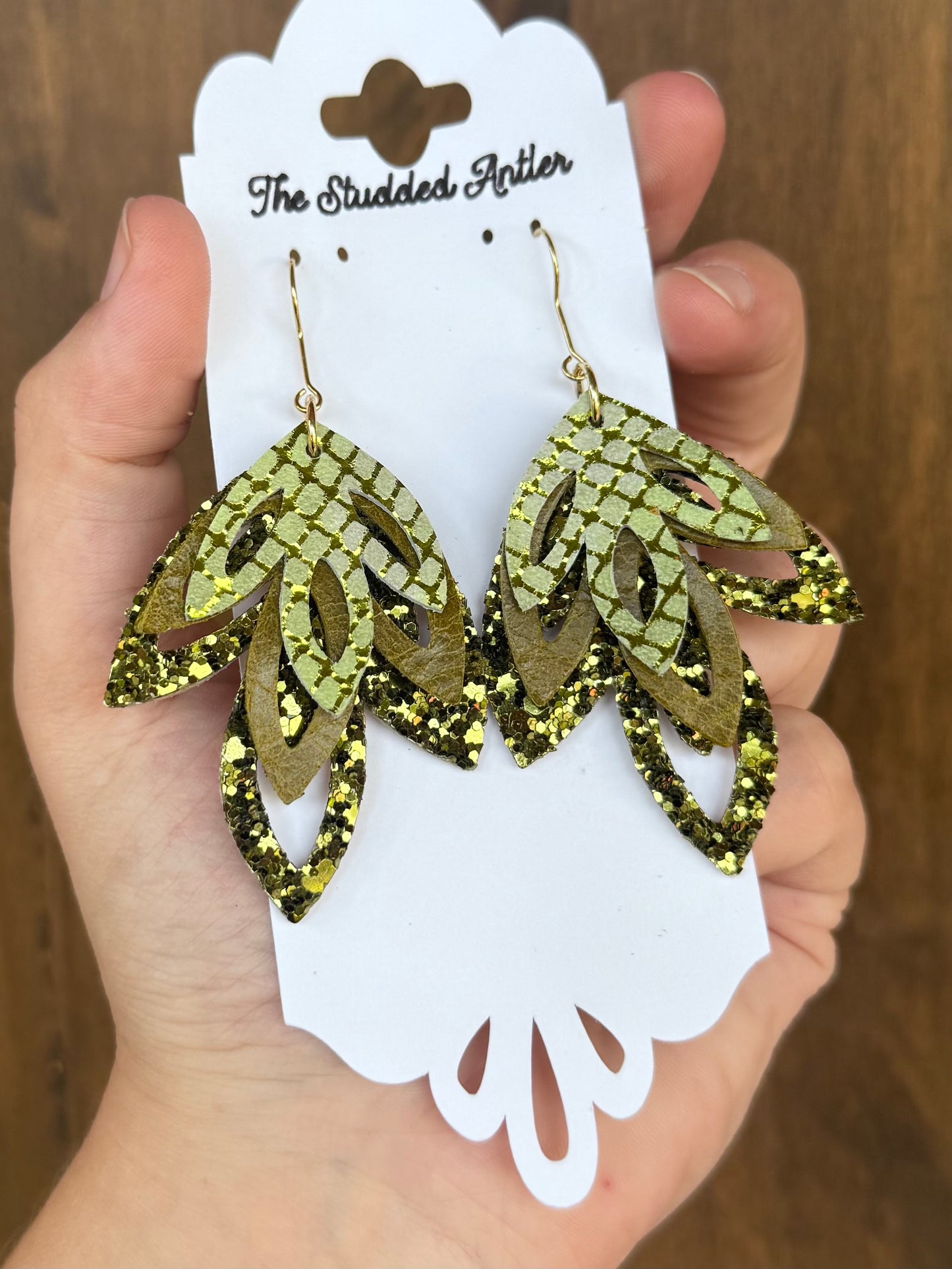 Handmade Hypoallergenic Olive Green Glitter and Metallic Leather Earrings