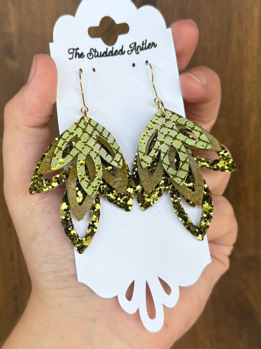 Handmade Hypoallergenic Olive Green Glitter and Metallic Leather Earrings