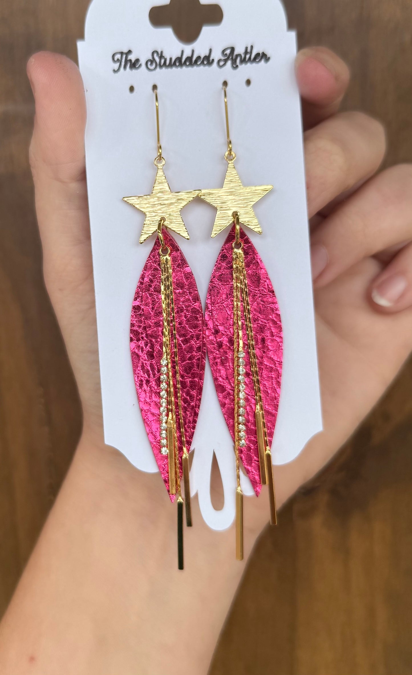 Handmade Hypoallergenic Hot Pink Metallic Leather Earrings with Gold Plated Brushed Brass Stars and Rhinestone Metal Tassels