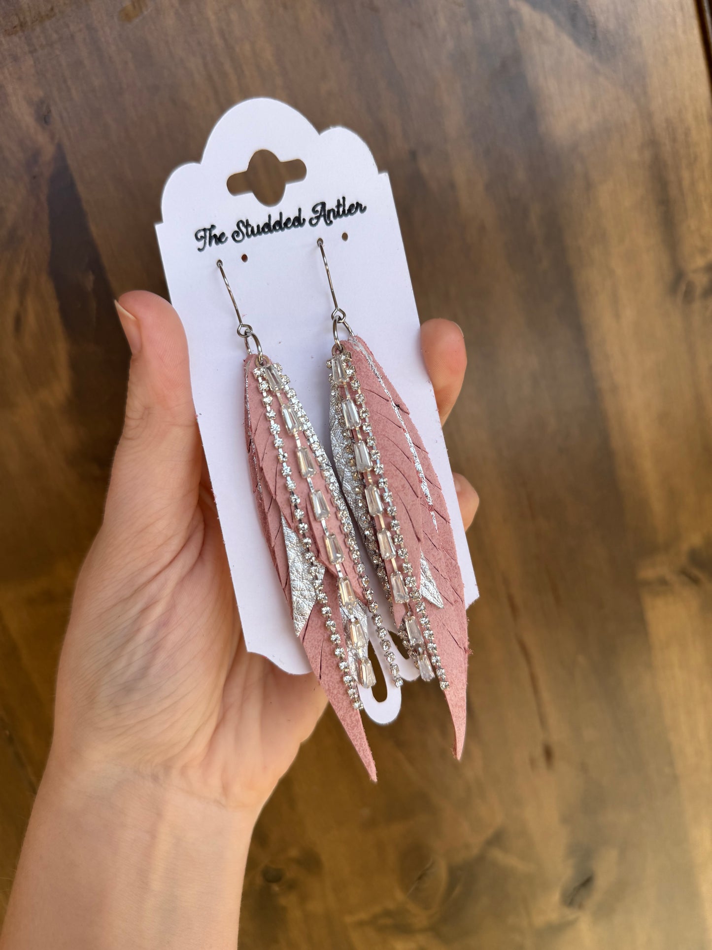 Fringe Feather Genuine Leather Earrings - Pink and Silver