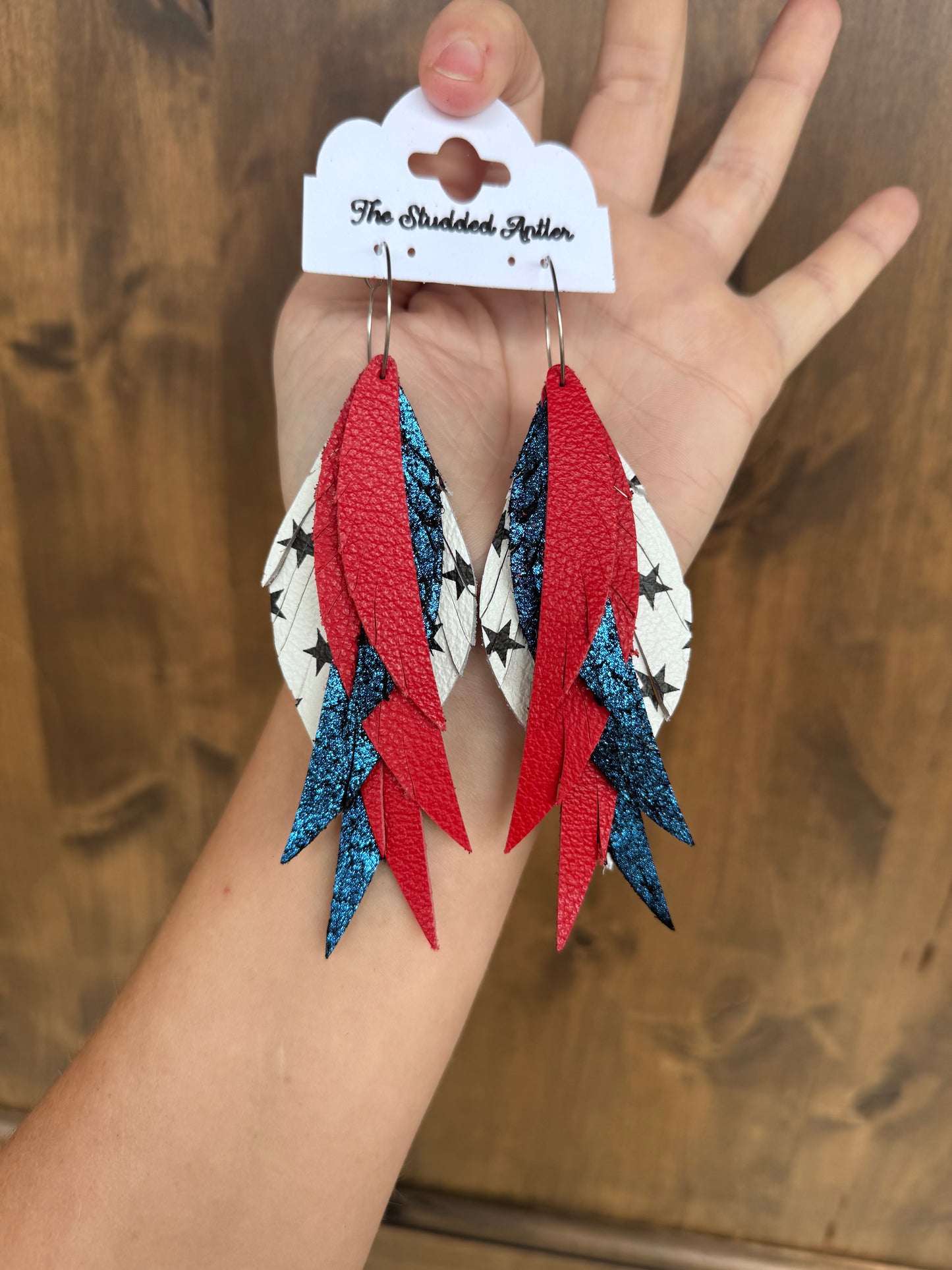 White Star, Navy Blue and Red Leather Handmade Hypoallergenic Leather Earrings 4th of July