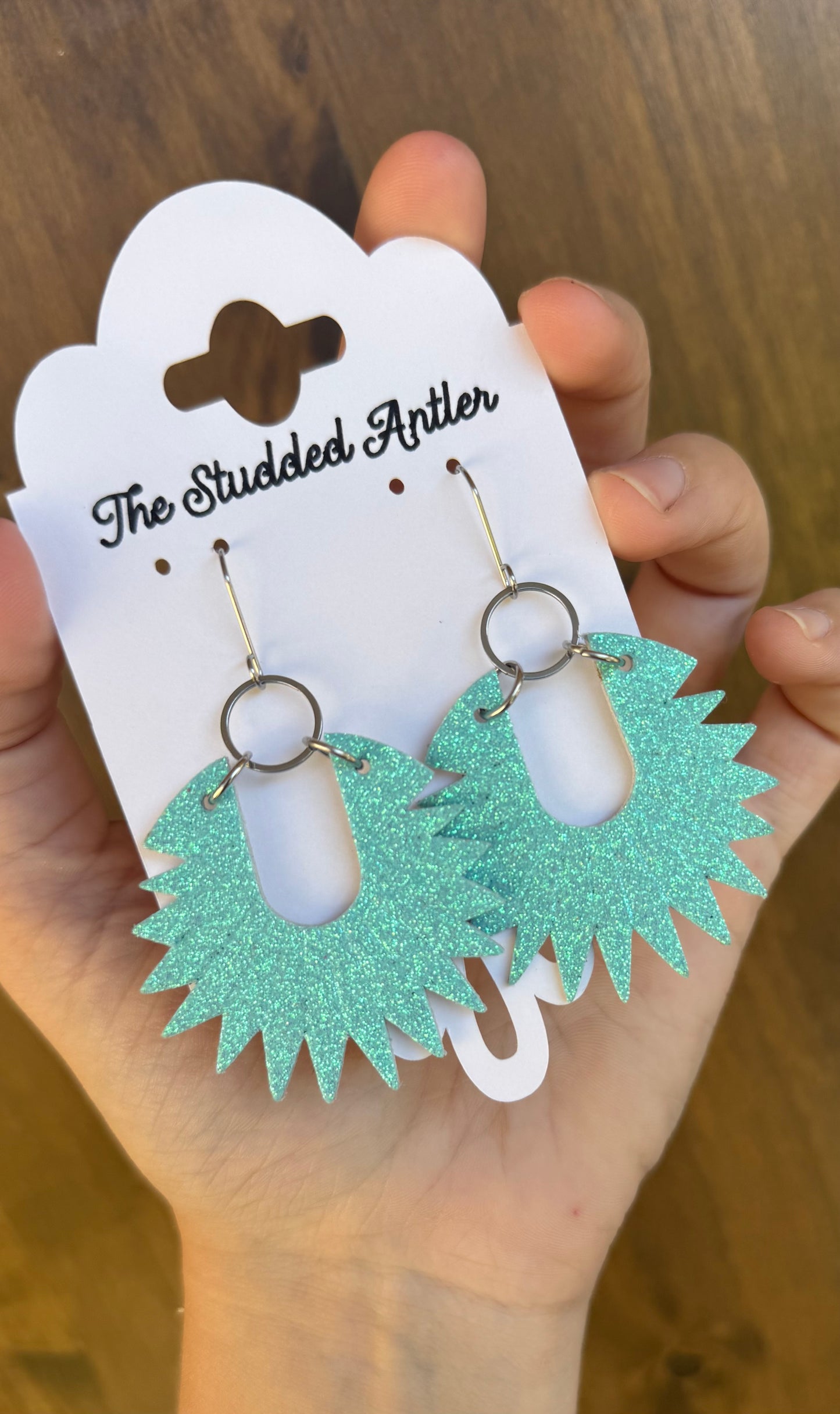 Aqua Blue Glitter leather earrings - Handmade Hypoallergenic Leather Earrings - Round Sunburst