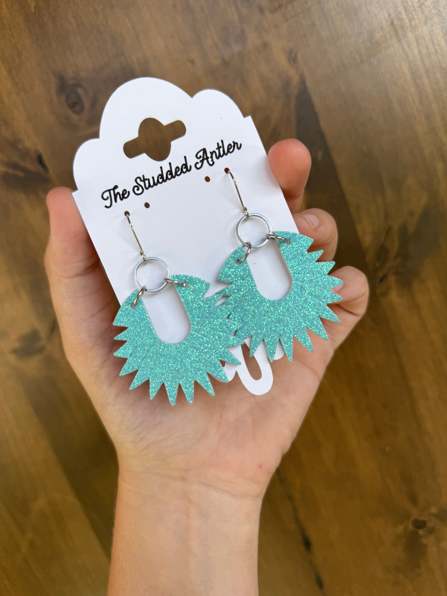 Aqua Blue Glitter leather earrings - Handmade Hypoallergenic Leather Earrings - Round Sunburst