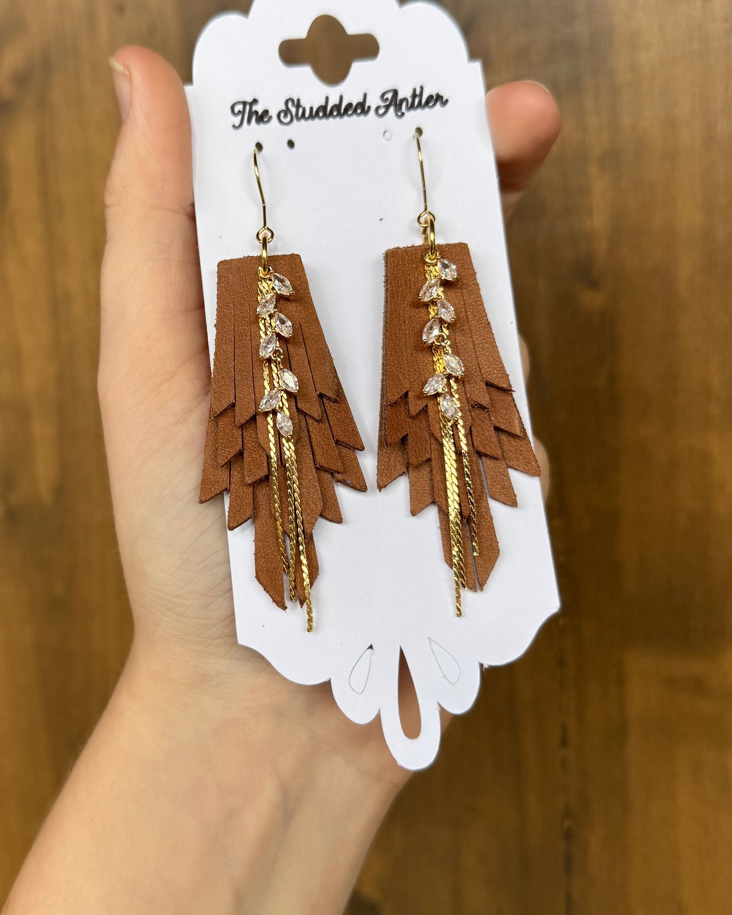 Light Brown and Gold Handmade Hypoallergenic Leather Earrings with Gold Rhinestone Dangle