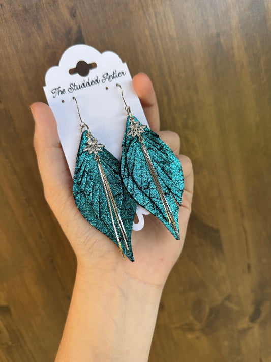 Turquoise Blue Sparkle Handmade Hypoallergenic Leather feather Western Earrings