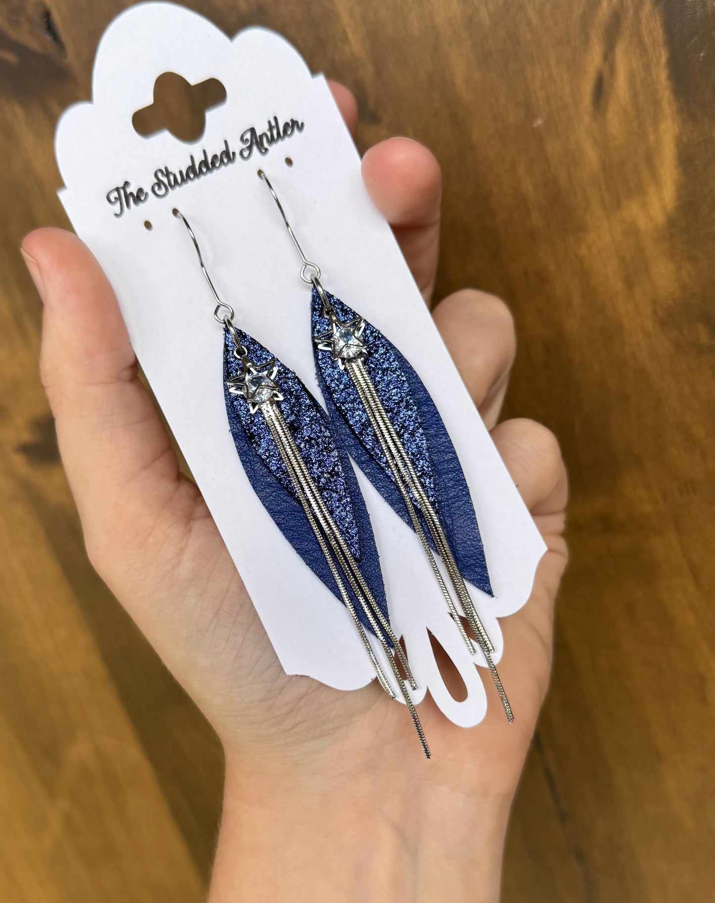Dark indigo leather with rhinestone silver stars - Handmade Hypoallergenic Leather Earrings