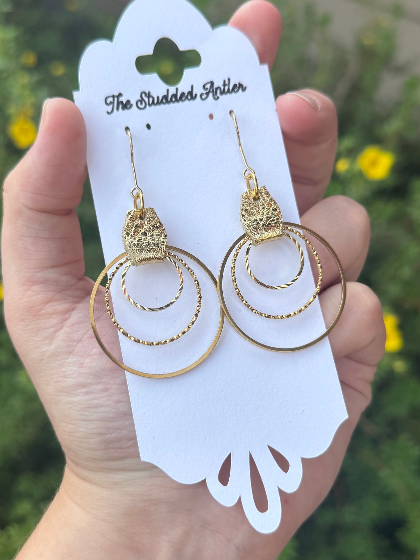 Hypoallergenic Leather Earrings Gold Metallic with 3 Gold Metal Hoops