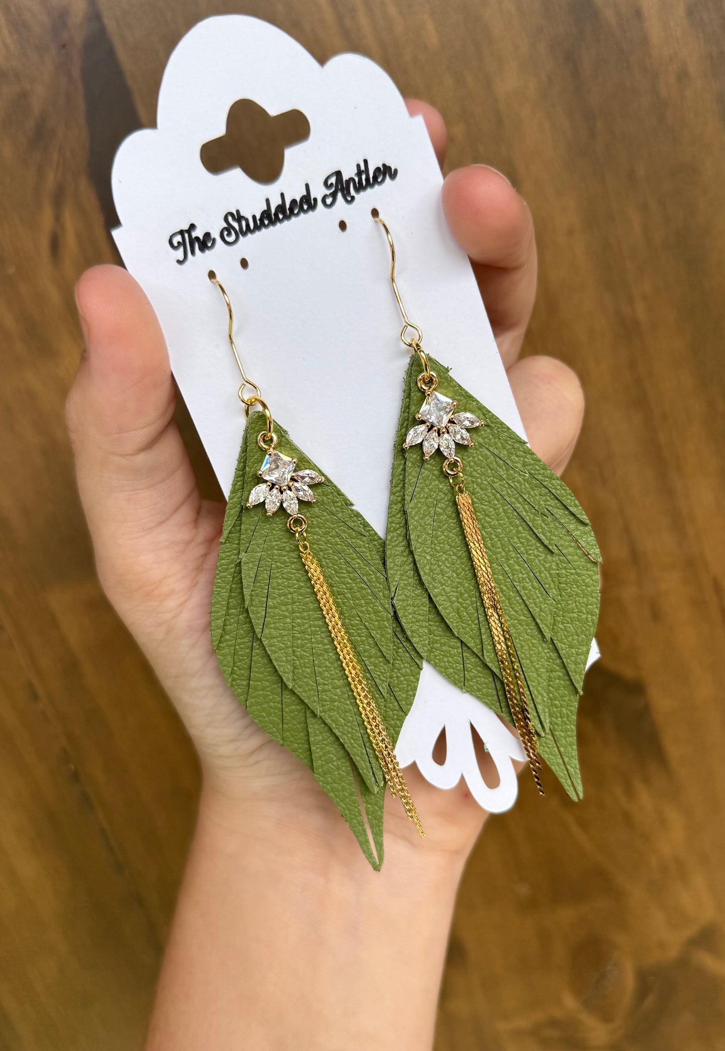 Light olive green leather earrings - Handmade Hypoallergenic Leather Earrings with gold rhinestone tassels