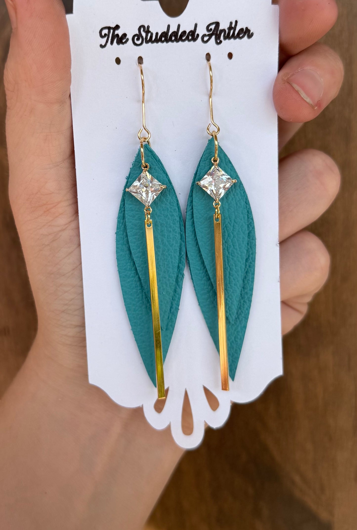 Handmade Hypoallergenic Ocean Blue Leather Earrings with Gold Plated CZ Gold Bar Charms