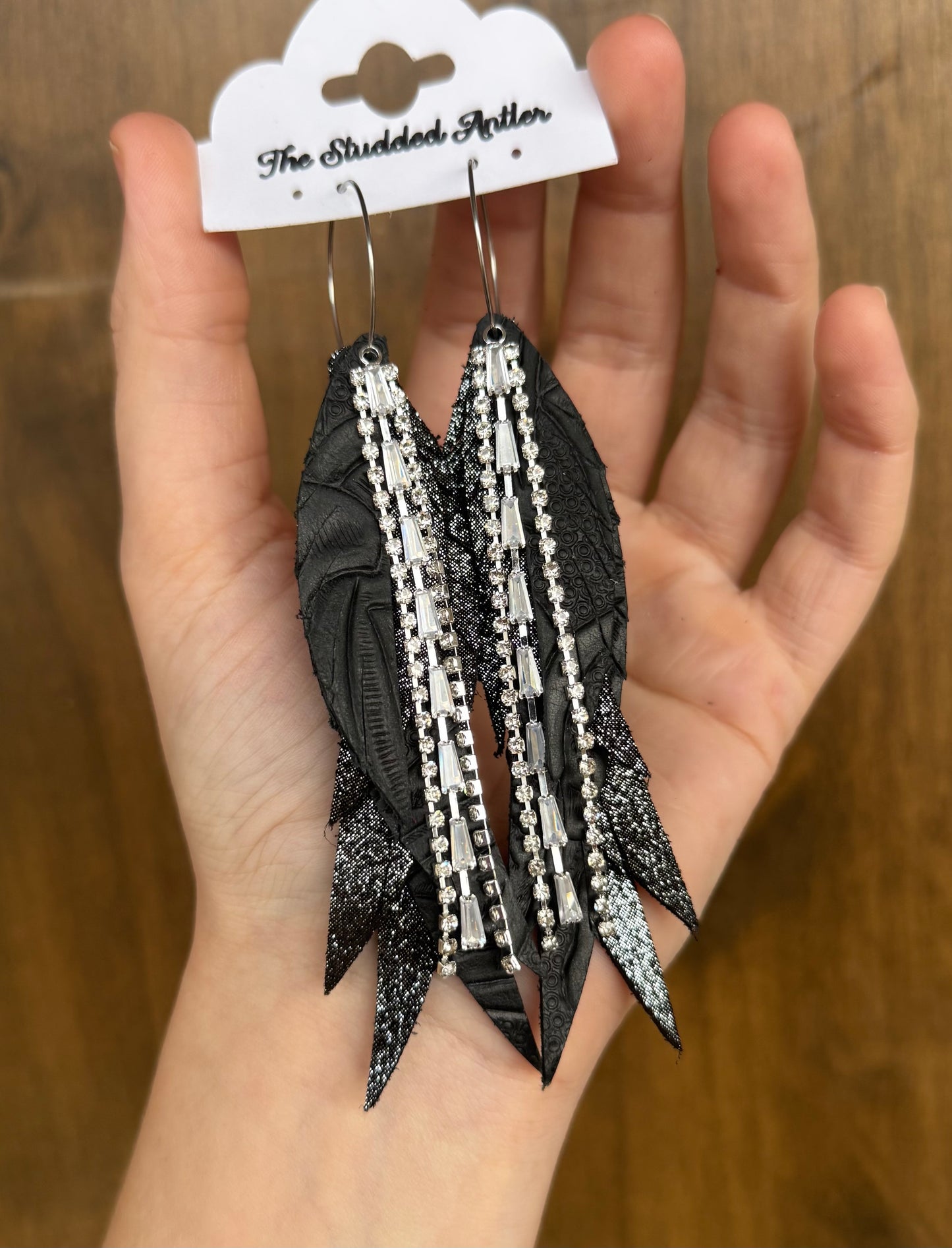 Black Tooled Handmade Hypoallergenic Leather Earrings with Silver Rhinestone Dangles