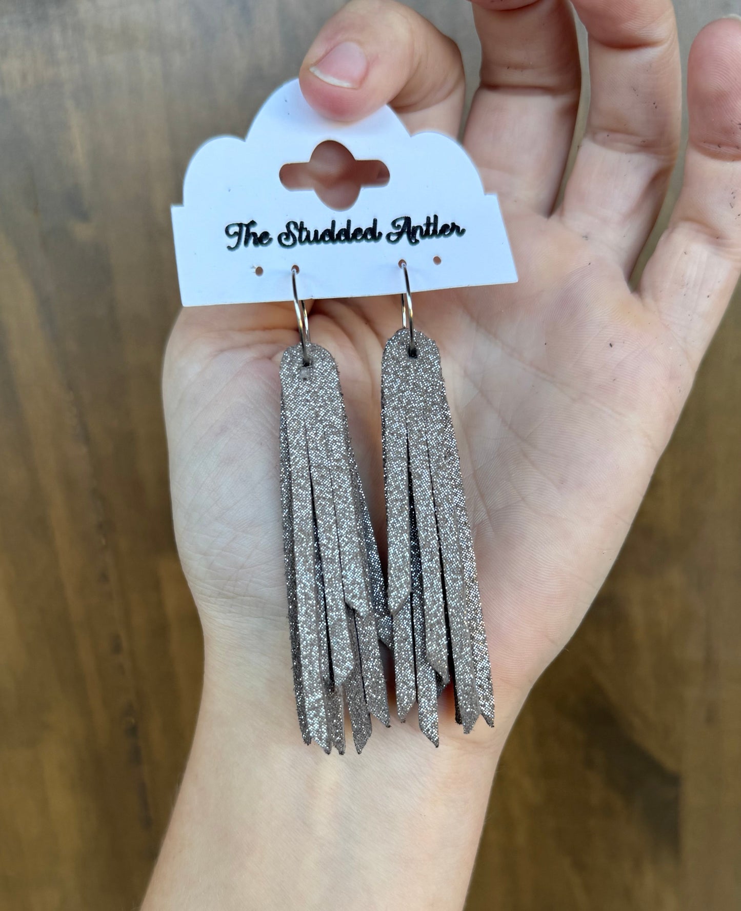 Taupe Sparkle Handmade Hypoallergenic Leather Earrings - Mini Tassel Earrings