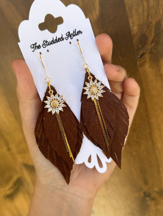 Dark brown and gold leather earrings - Handmade western earrings for women - Rodeo queen jewelry
