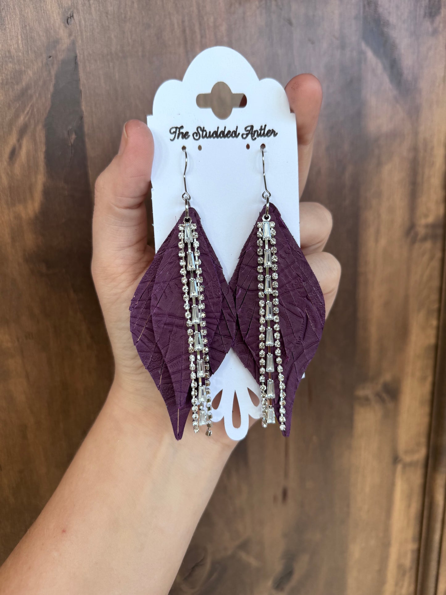 Purple Handmade Hypoallergenic Tooled Leather Earrings with  Rhinestone Tassels