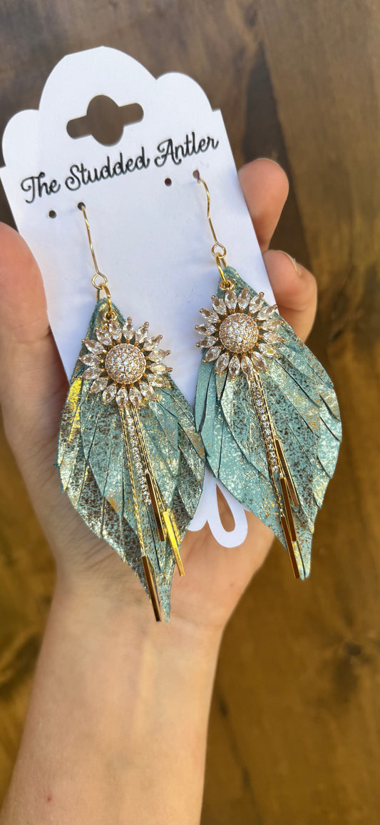 Leather Feather sunflower Earrings - Aqua blue and Gold Earrings - Women's Western Earrings