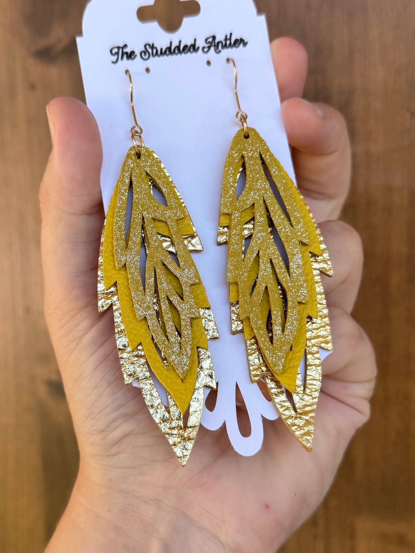Handmade Hypoallergenic Metallic Gold and Yellow Sparkle Leather Earrings