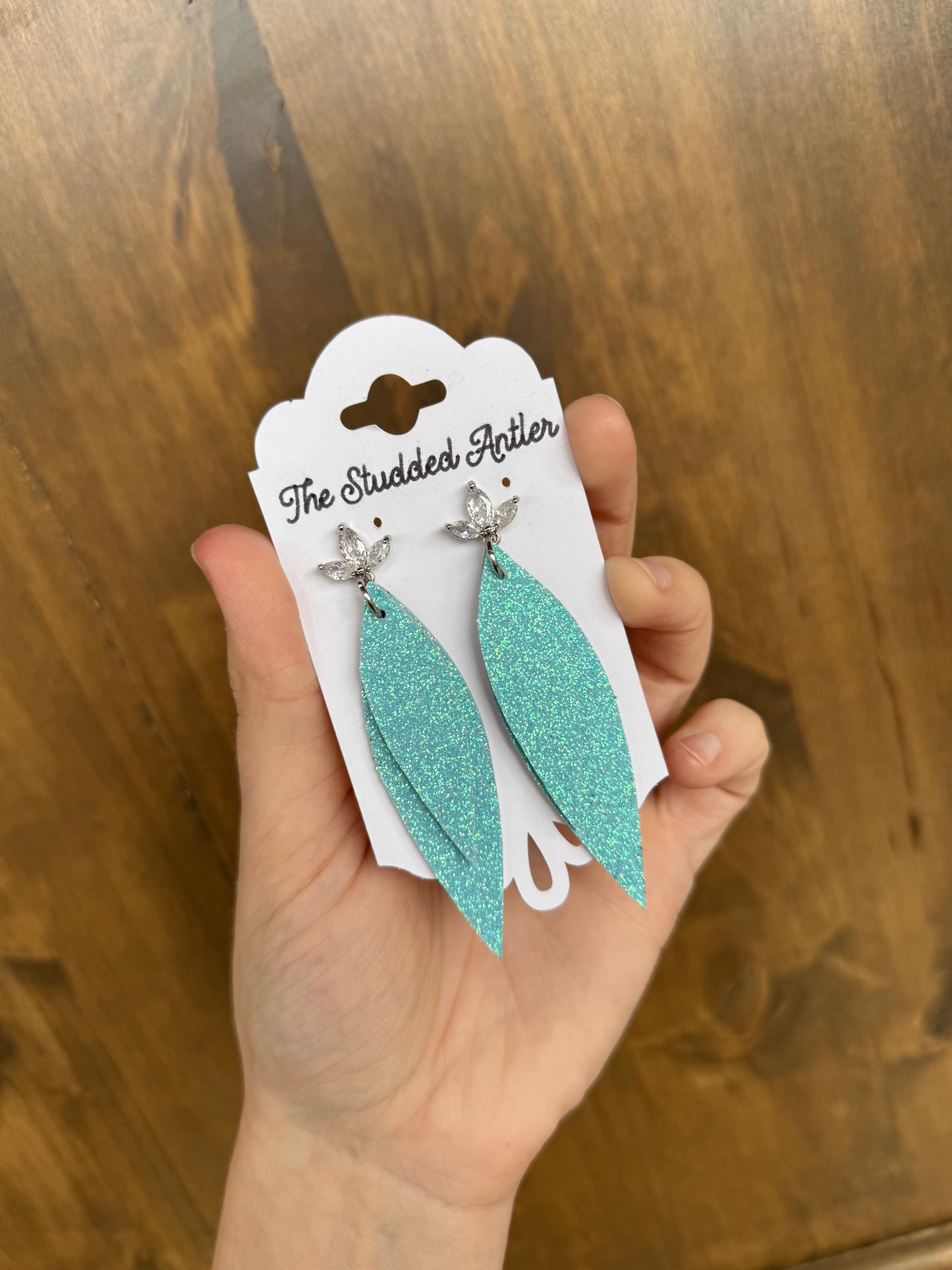 Teardrop Genuine Leather Earrings - Aqua Blue Glitter