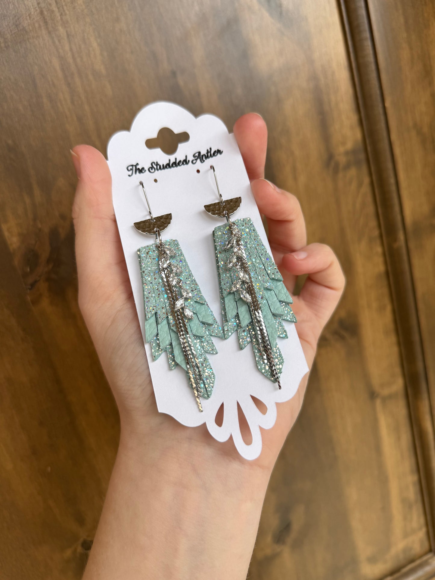 Womens Boho Style Leather Earrings - Fringe Feather Leather Earrings - Mint Blue Sparkle