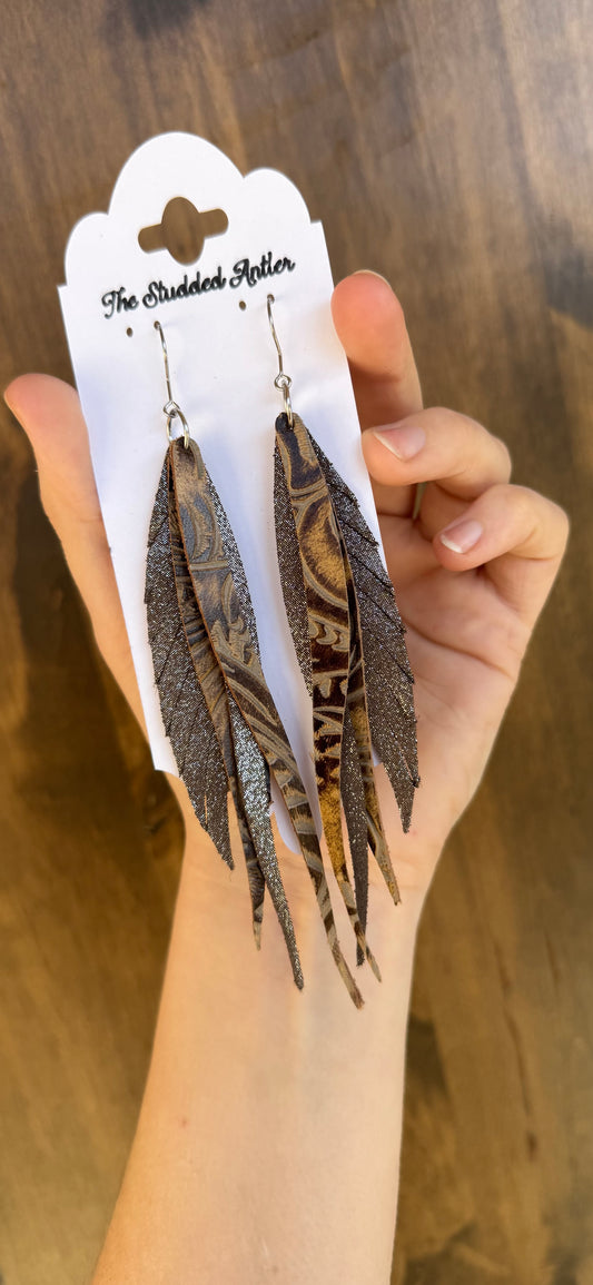 Western Style Leather Earrings - Fringe Feather Leather Earrings - Brown Tooled Sparkle