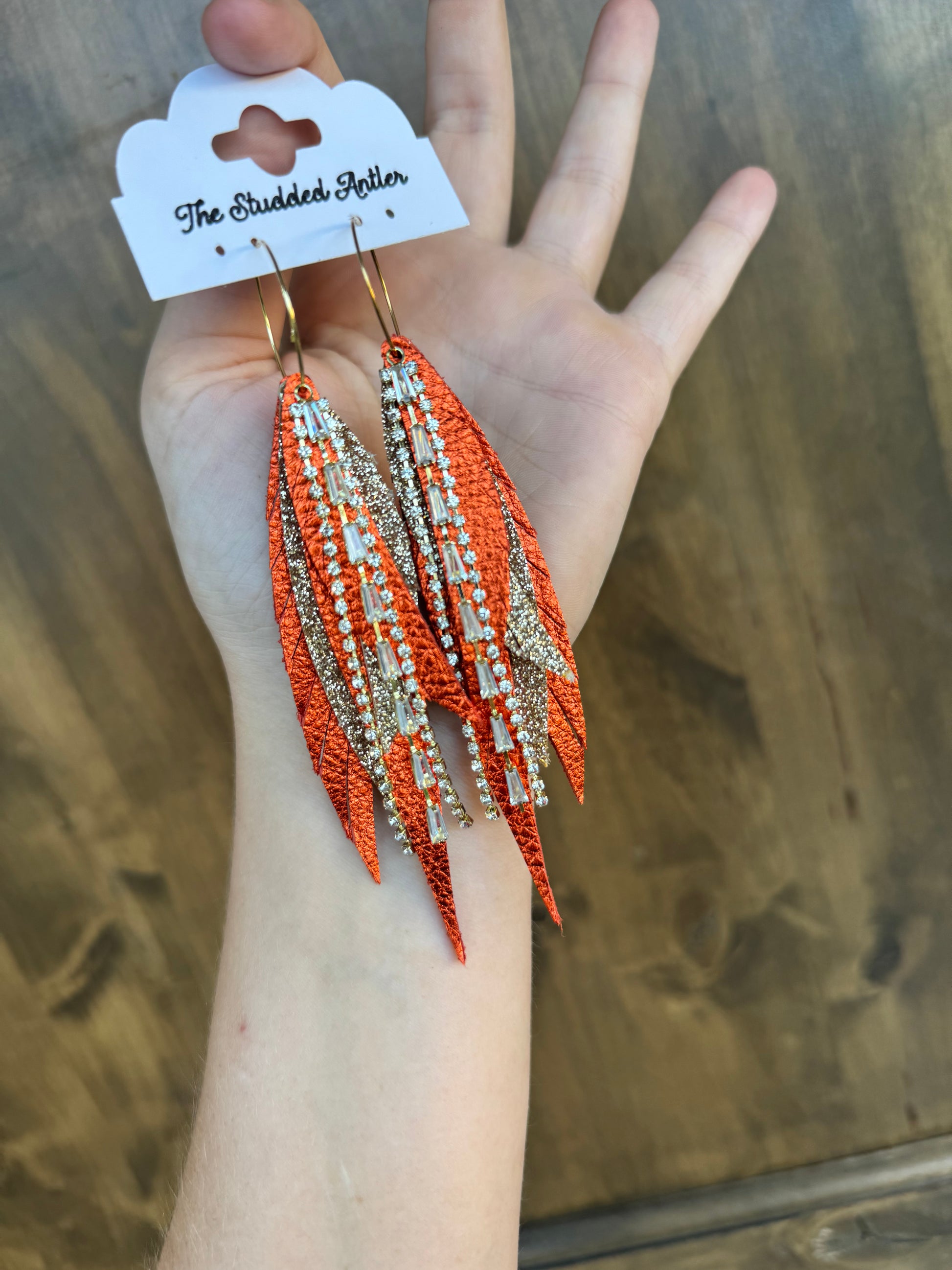 Rhinestone-tassel-leather-earrings