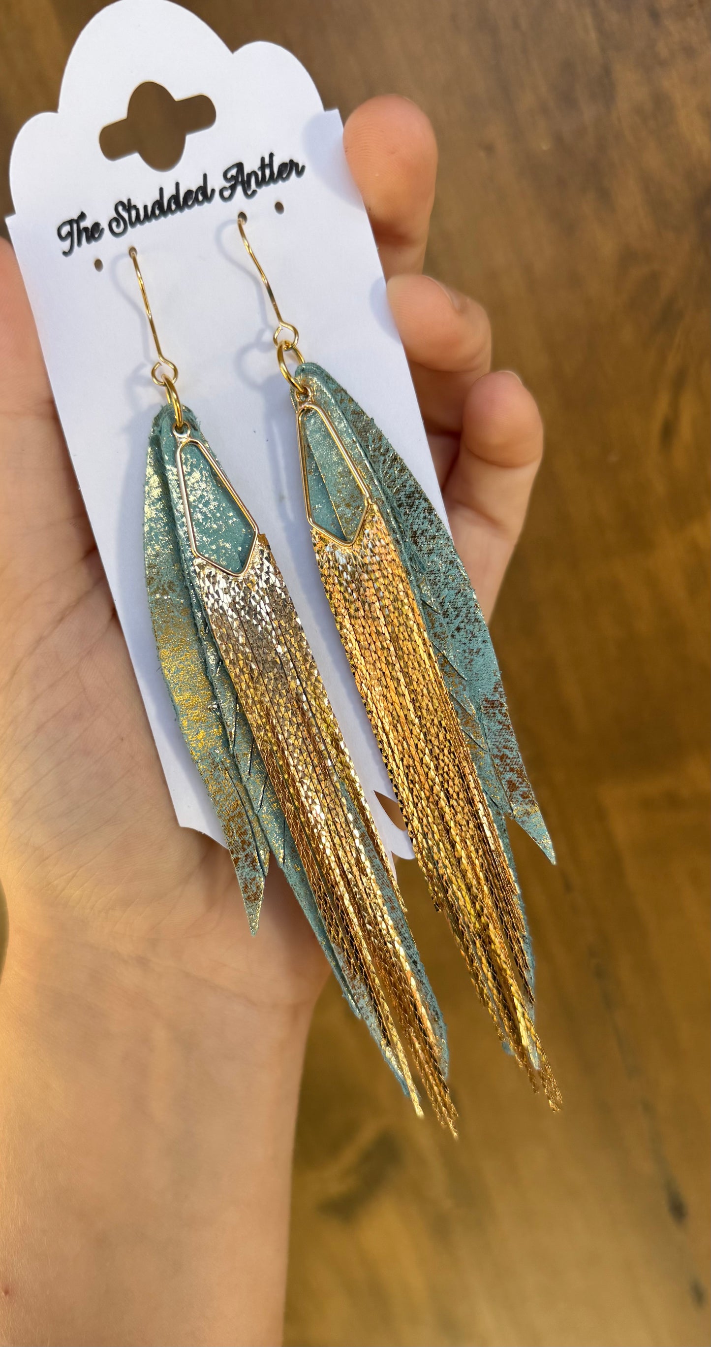 Blue and gold shimmer with gold waterfall tassels -hypoallergenic handmade leather feather Earrings