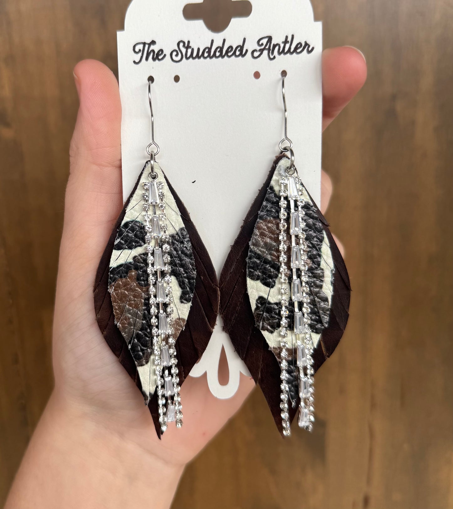 Cow Print Handmade Hypoallergenic Leather Earrings with Rhinestone Dangles
