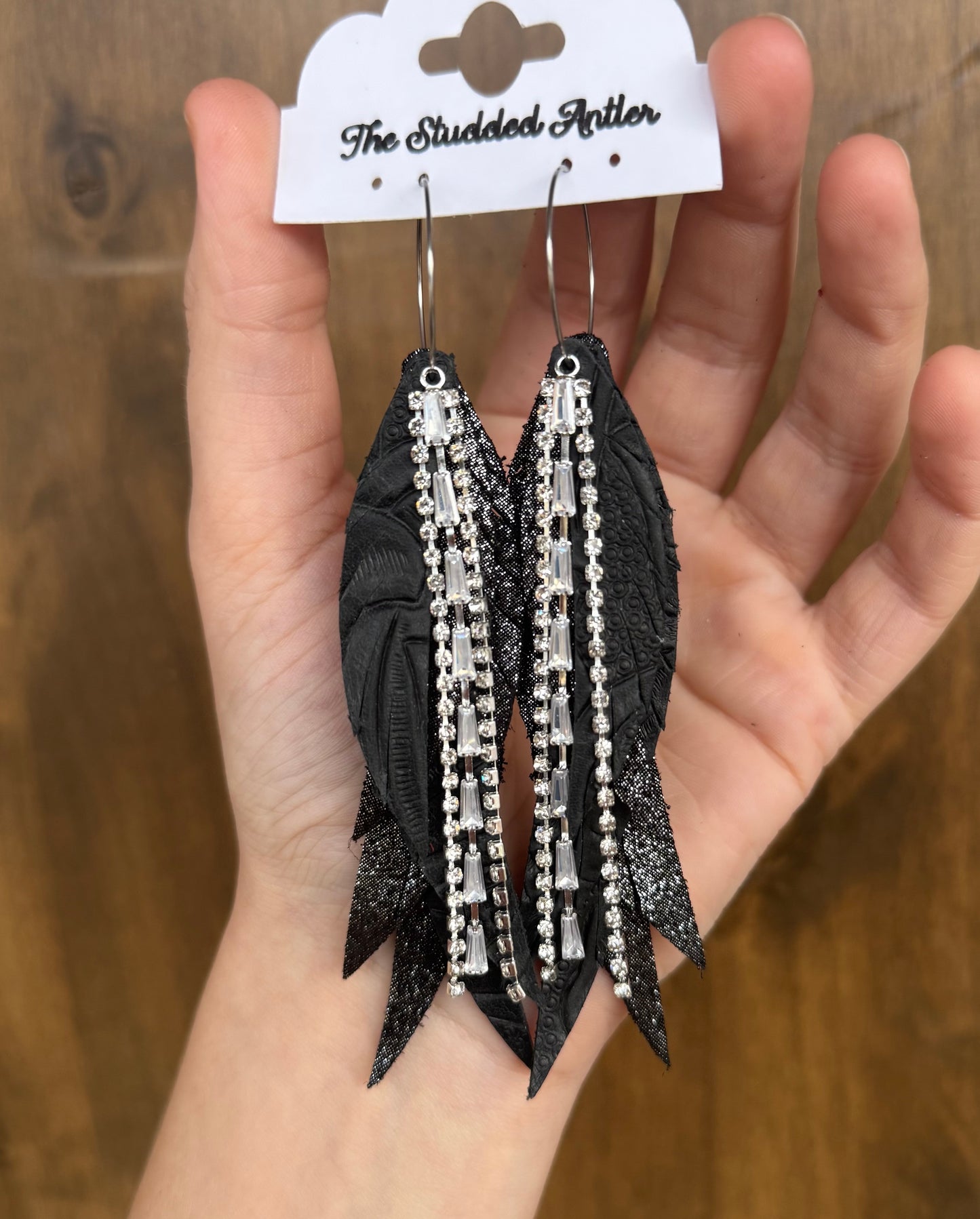 Black Tooled Handmade Hypoallergenic Leather Earrings with Silver Rhinestone Dangles
