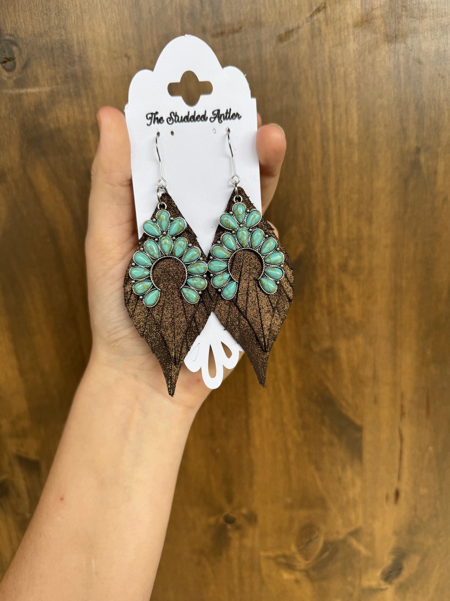 Handmade Brown Hypoallergenic Leather Earrings with Faux Turquoise Charm