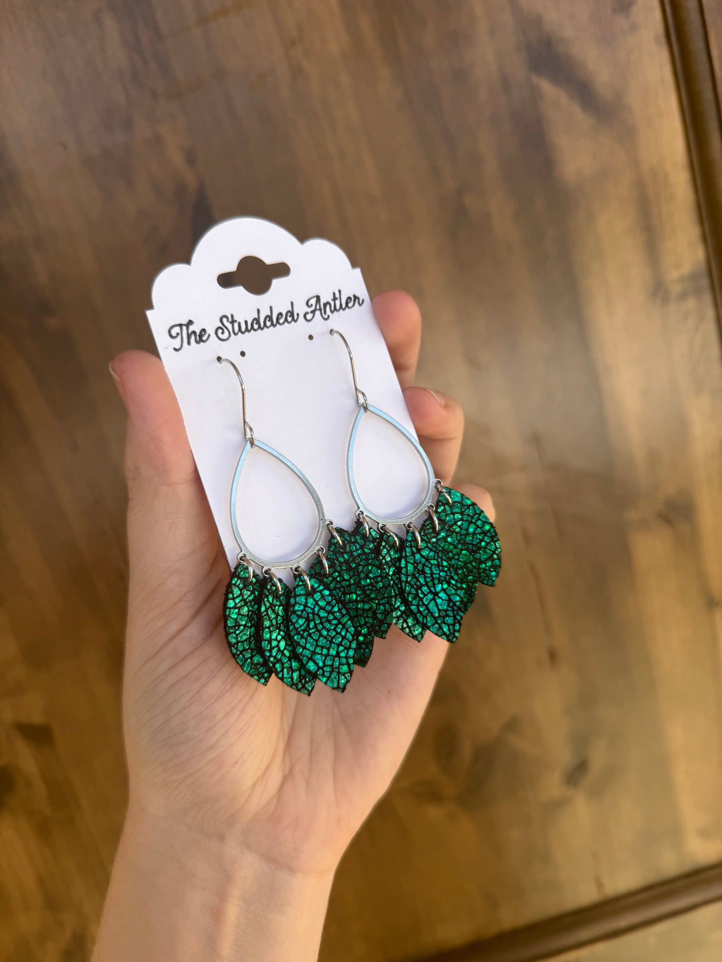 Green Metallic Crackle Short Dangle Genuine Leather Earrings