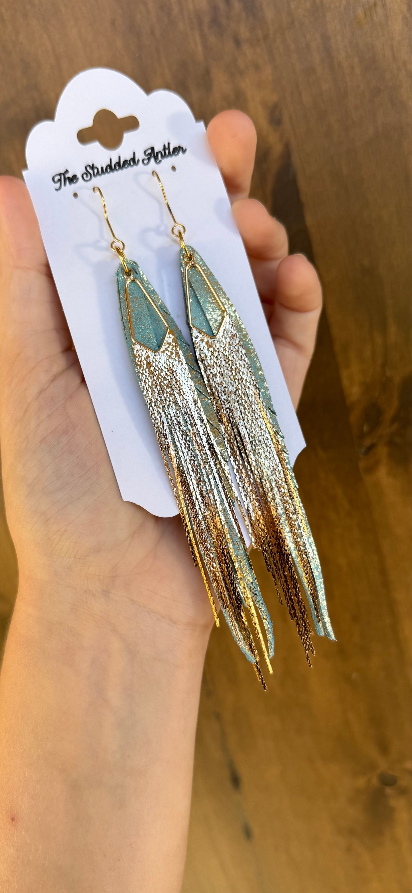 Blue and gold shimmer with gold waterfall tassels -hypoallergenic handmade leather feather Earrings