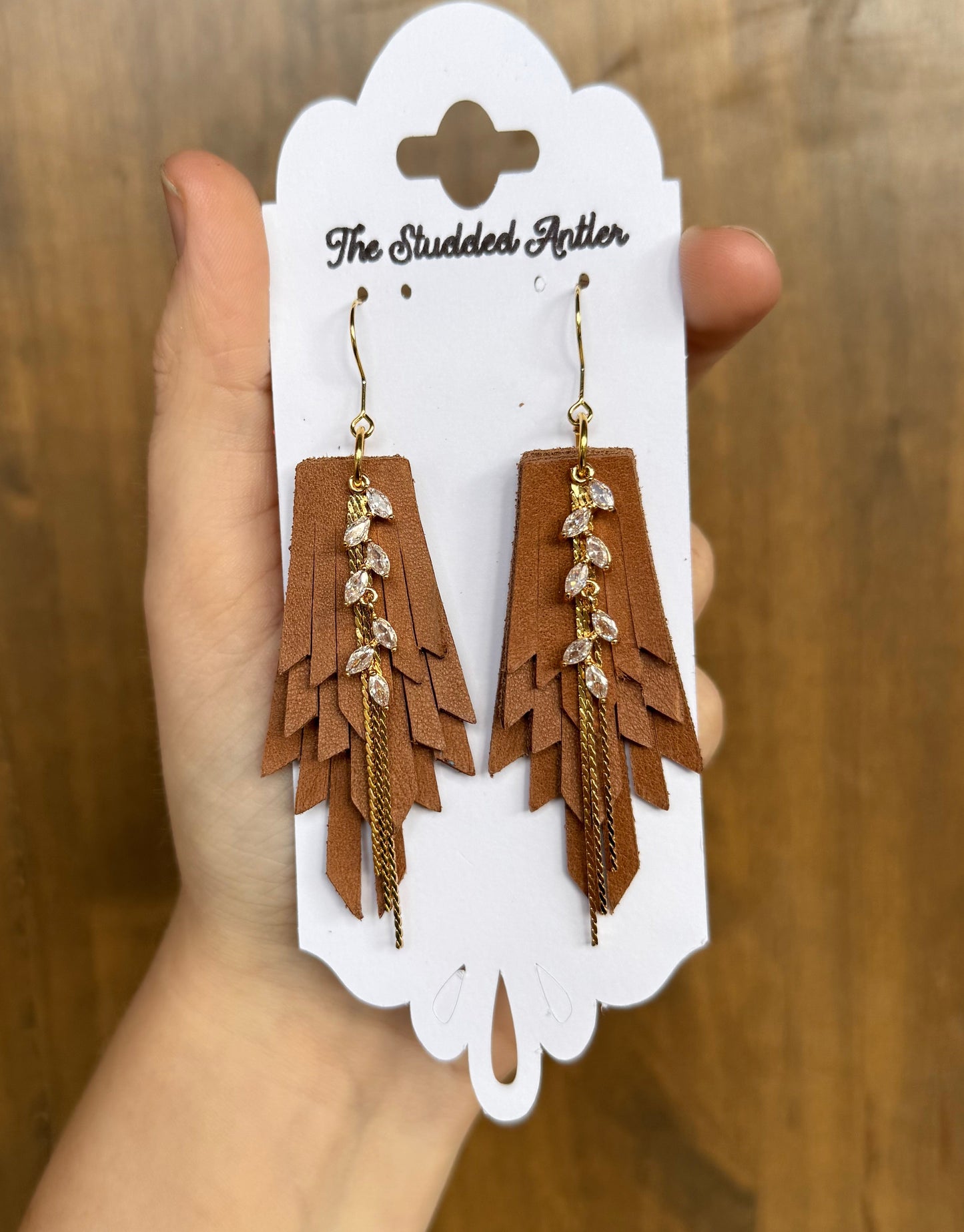 Light Brown and Gold Handmade Hypoallergenic Leather Earrings with Gold Rhinestone Dangle