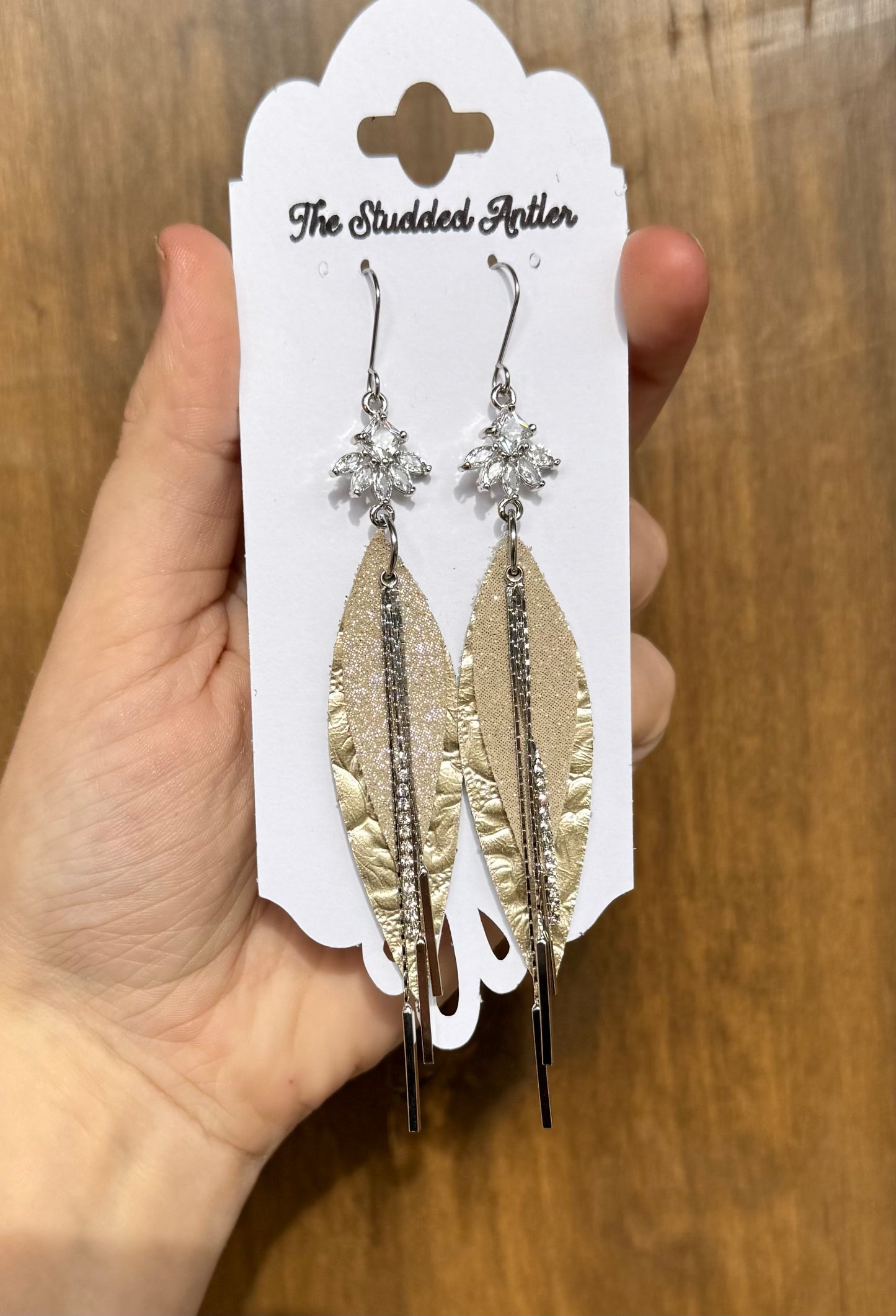 Champagne Sparkle Handmade Hypoallergenic Leather Earrings with Silver Bar Dangles