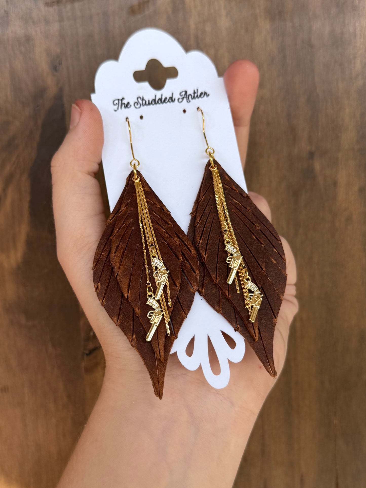 Handmade Hypoallergenic Brown Leather Earrings with Gold Plated CZ Pistols