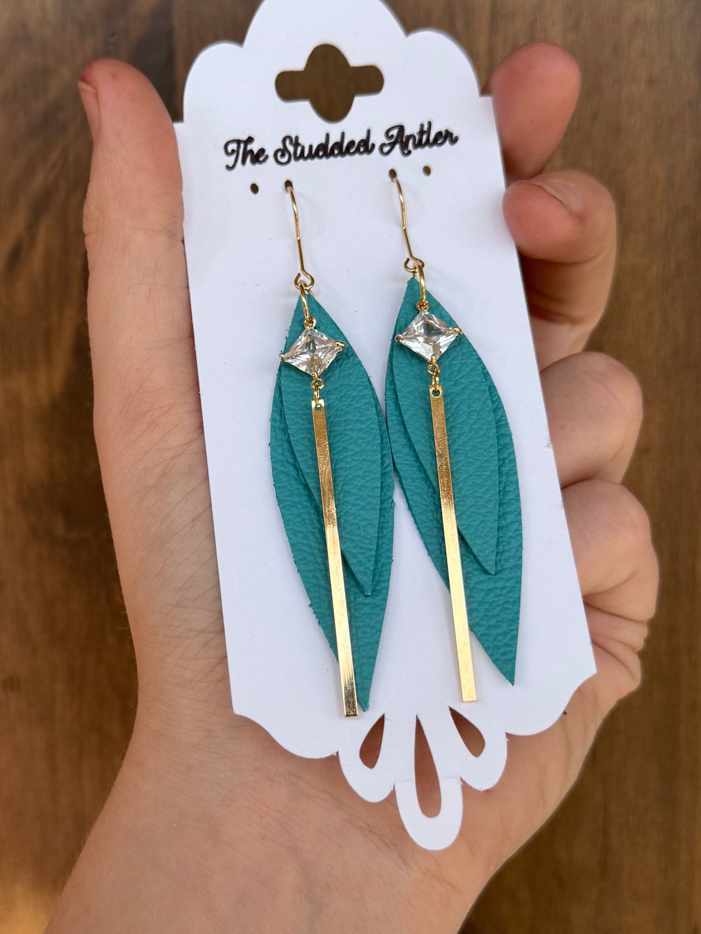 Handmade Hypoallergenic Ocean Blue Leather Earrings with Gold Plated CZ Gold Bar Charms