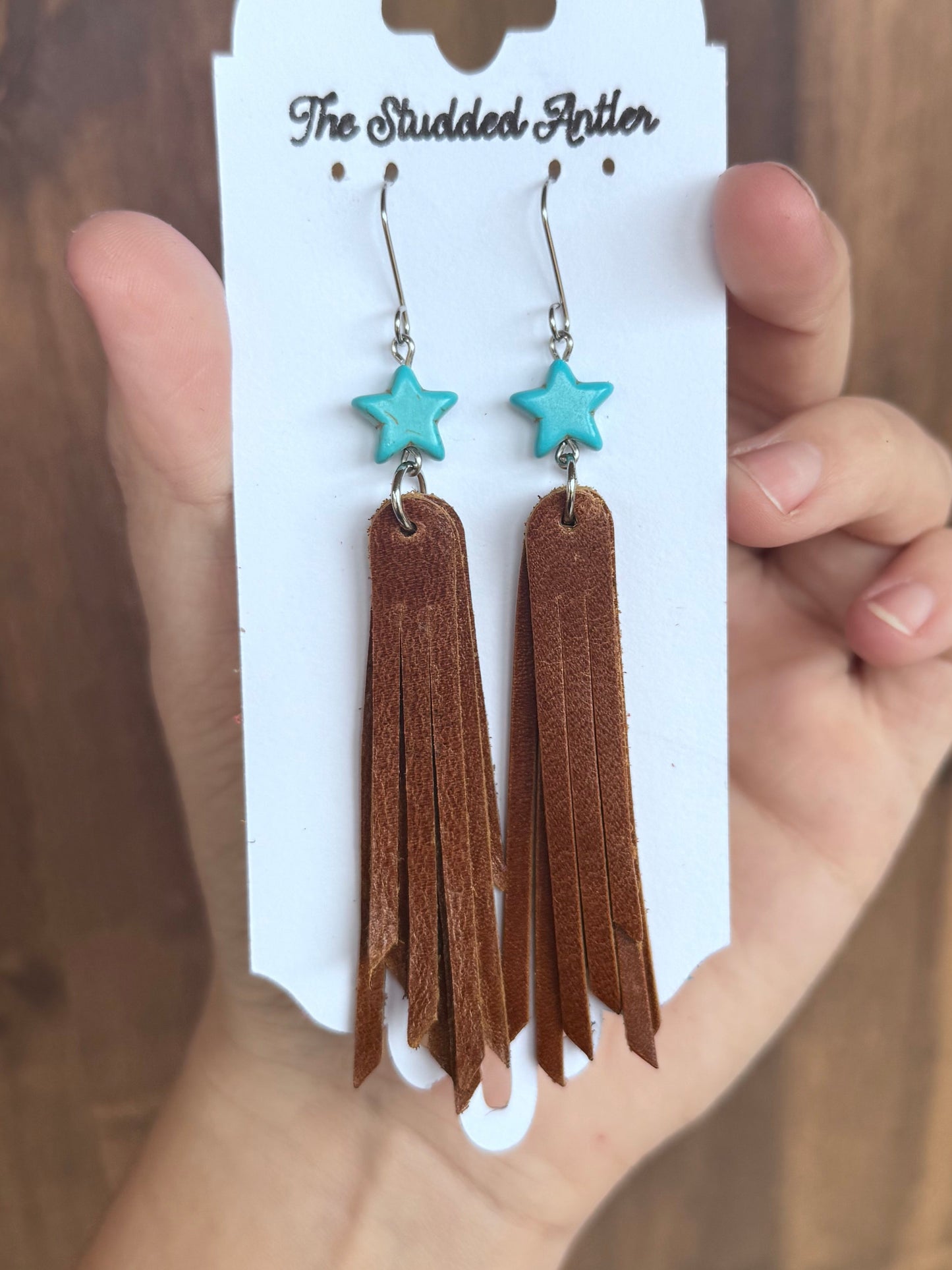 Brown Handmade Hypoallergenic Leather Earrings with Faux Turquoise Beads