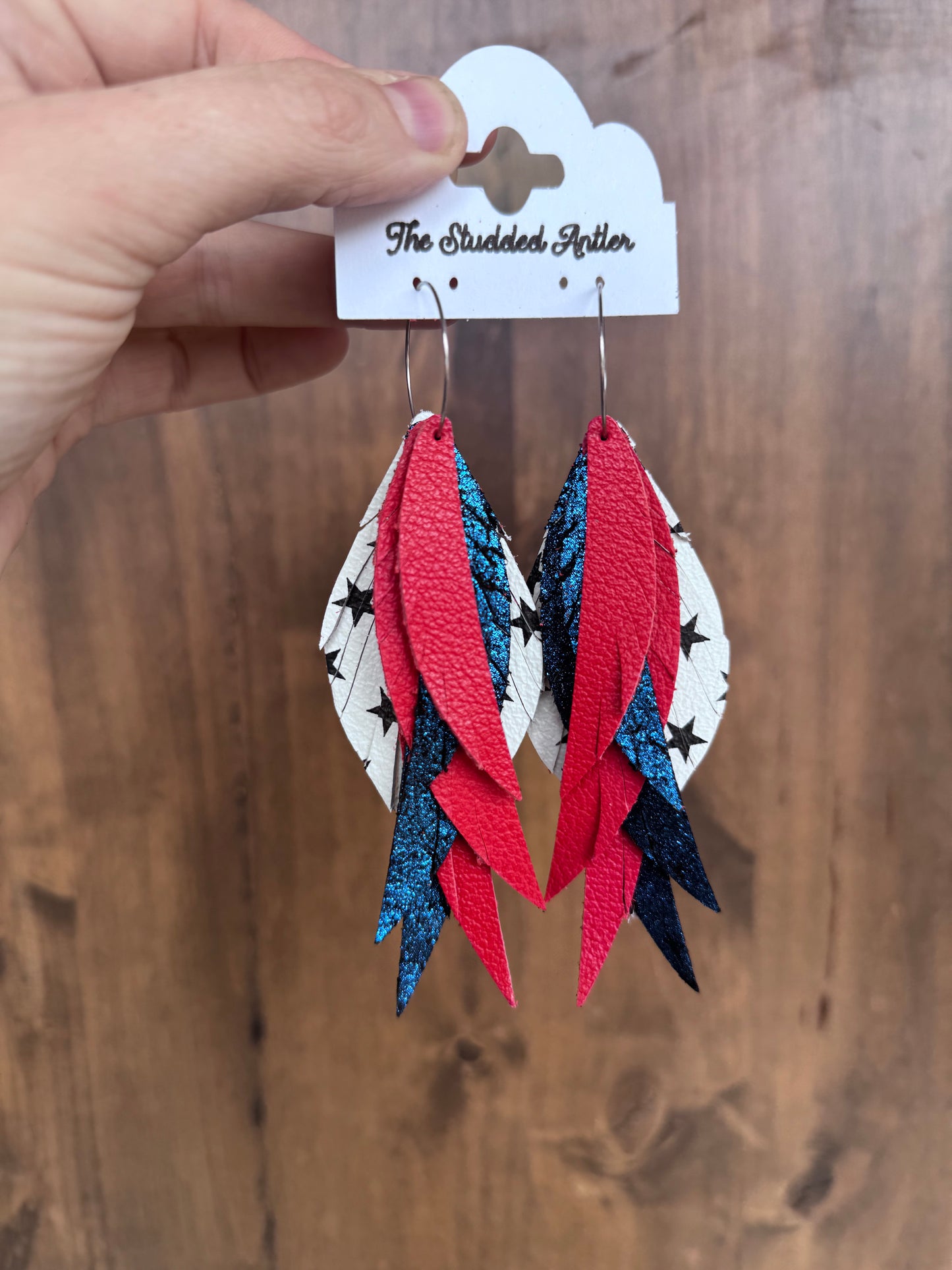 White Star, Navy Blue and Red Leather Handmade Hypoallergenic Leather Earrings 4th of July