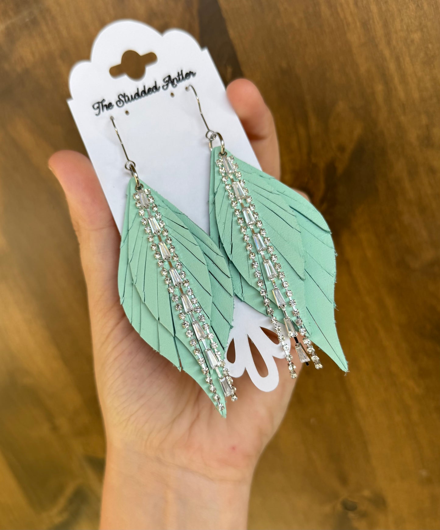 Mint blue leather earrings - Handmade Hypoallergenic Leather Earrings with silver rhinestone tassel