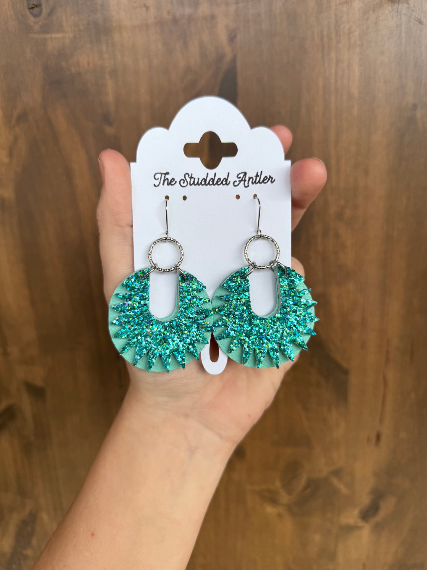 Aqua Blue Glitter Handmade Hypoallergenic Round Leather Earrings with Silver Circle Accents