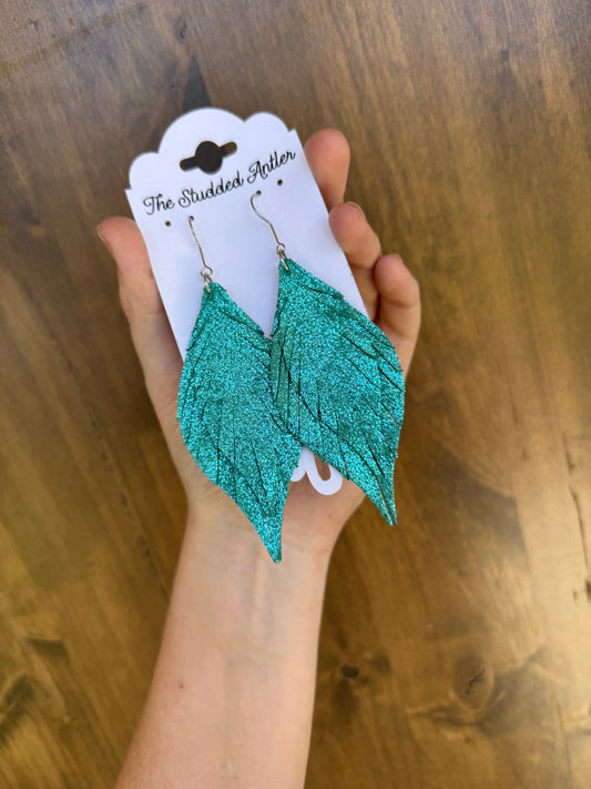 Fringe Feather Leather Earrings 
- Women’s NFR Western leather Earrings - Turquoise Blue and Silver Rhinestones