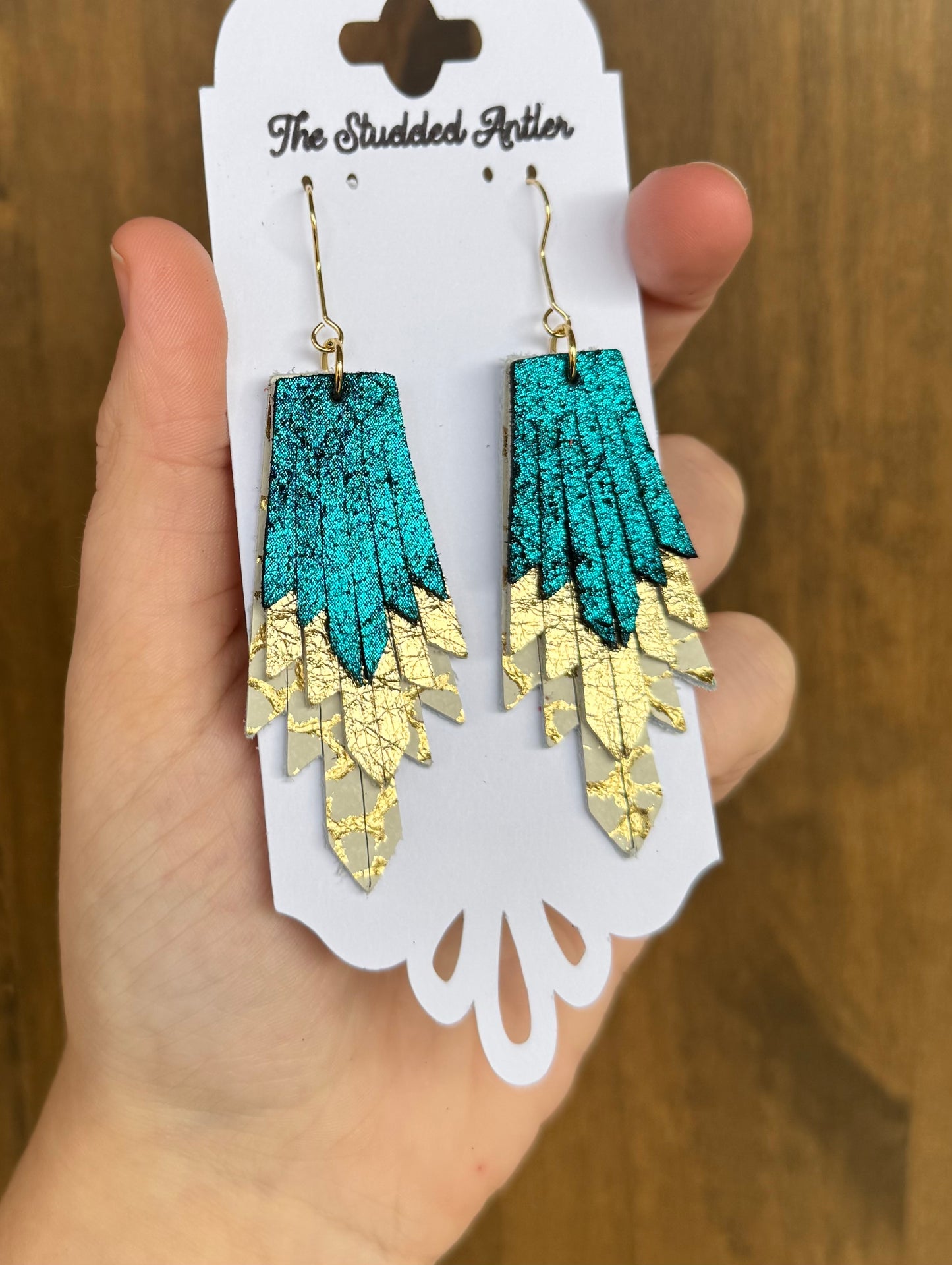 Blue teal and Gold Metallic Handmade Hypoallergenic Leather Earrings