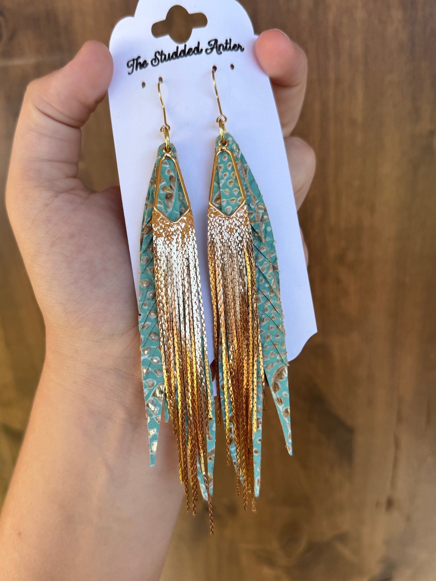 Handmade Hypoallergenic Mint Blue and Gold Embossed Leather Earrings with Gold Metal Tassels