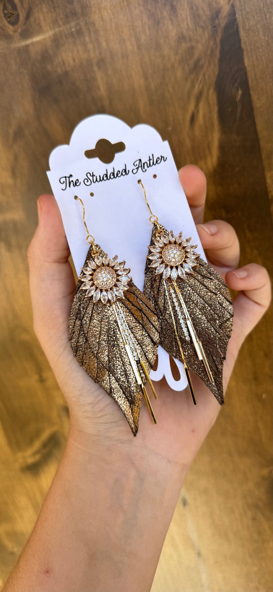 Brown shimmer and gold leather earrings - Handmade western earrings for women - Rodeo queen jewelry