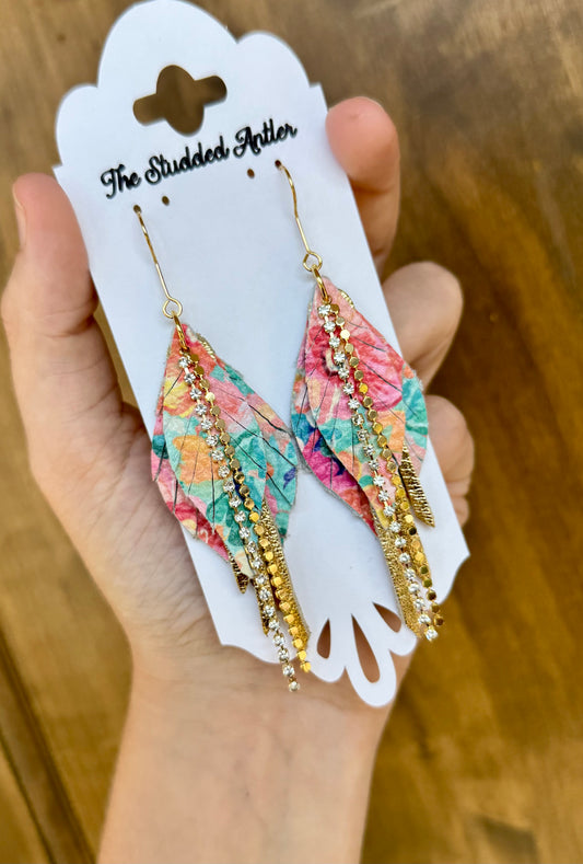 Rainbow flower leather earrings with gold rhinestone and chain - Handmade Hypoallergenic Leather Earrings - Mini teardrop