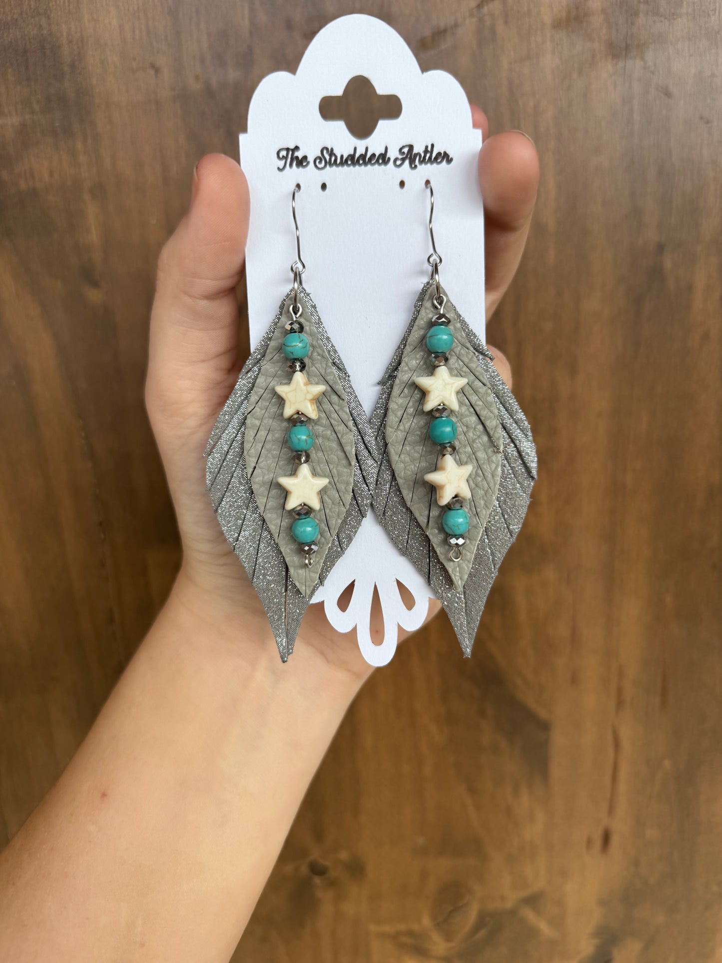 Grey Sparkle Handmade Hypoallergenic Leather Earrings with Hand Beaded Faux Turquoise Tassel