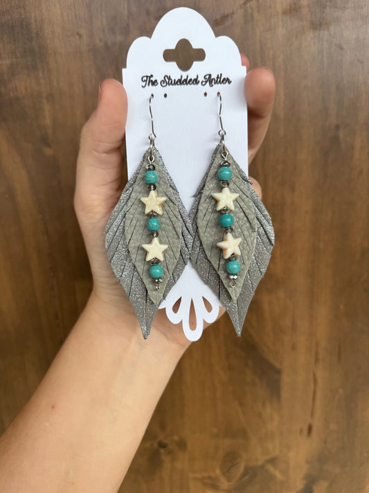 Grey Sparkle Handmade Hypoallergenic Leather Earrings with Hand Beaded Faux Turquoise Tassel
